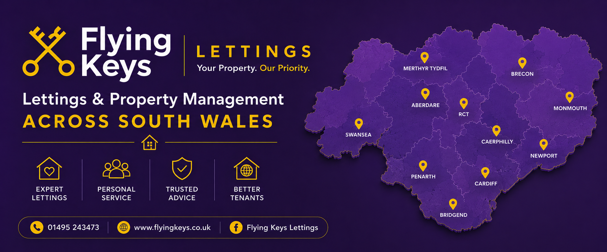 Map of Flying Keys Lettings coverage across South Wales, including Cardiff, Newport, Swansea, Caerphilly, Bridgend, Penarth, Merthyr Tydfil, Aberdare, RCT, Brecon and Monmouth