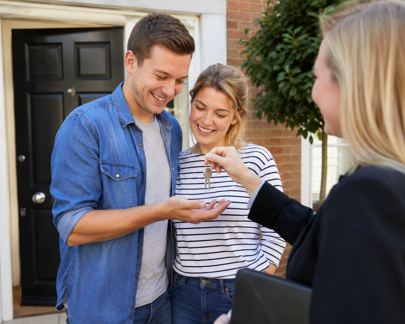 A happy young couple joyfully receiving the keys to their new home