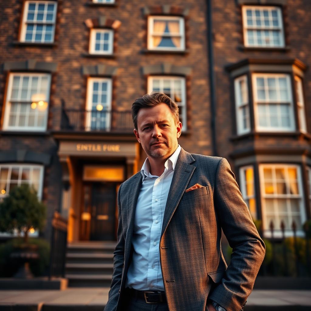 A confident landlord standing proudly in front of an investment property in South Wales