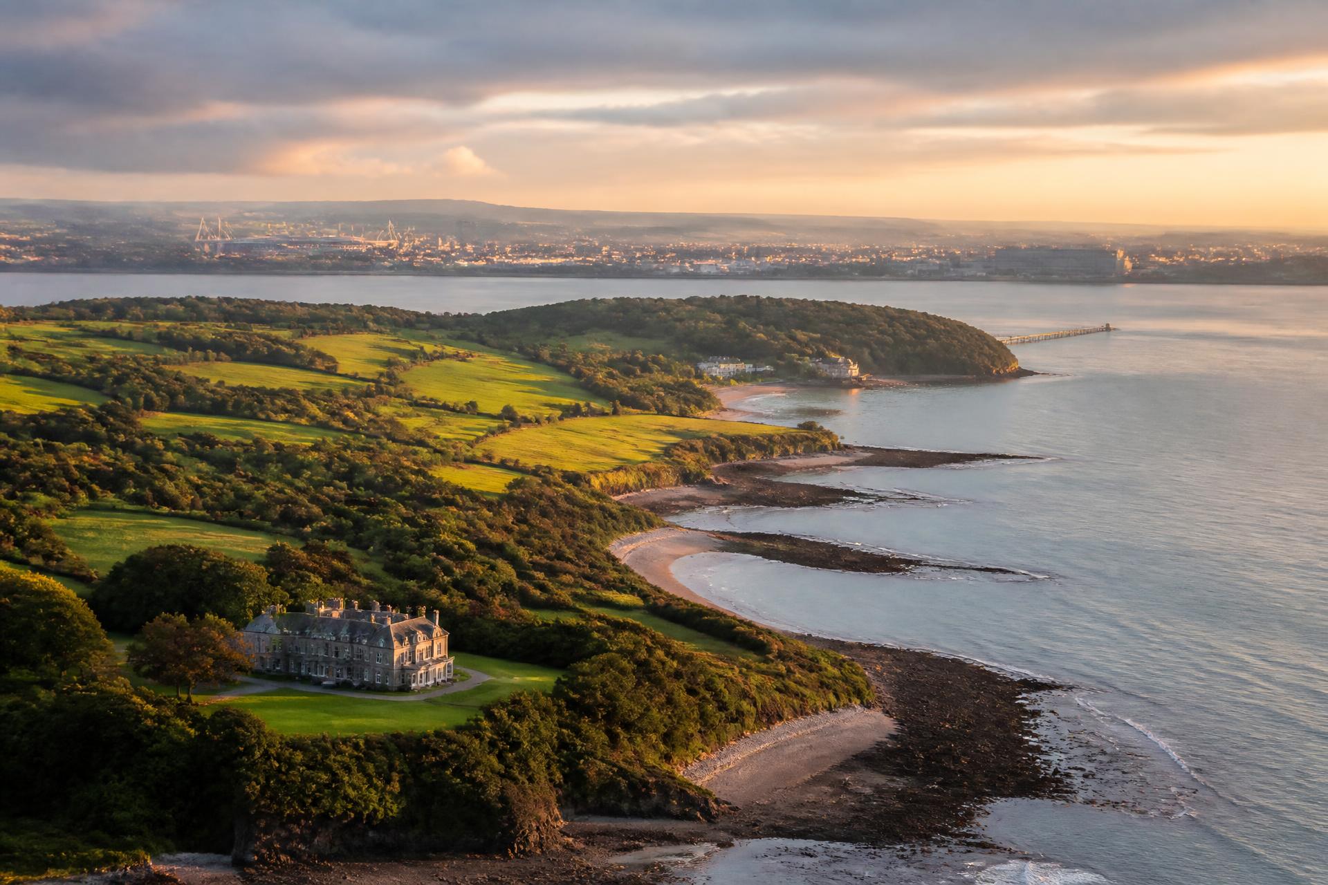 Aerial view of the South Wales coastline at golden hour